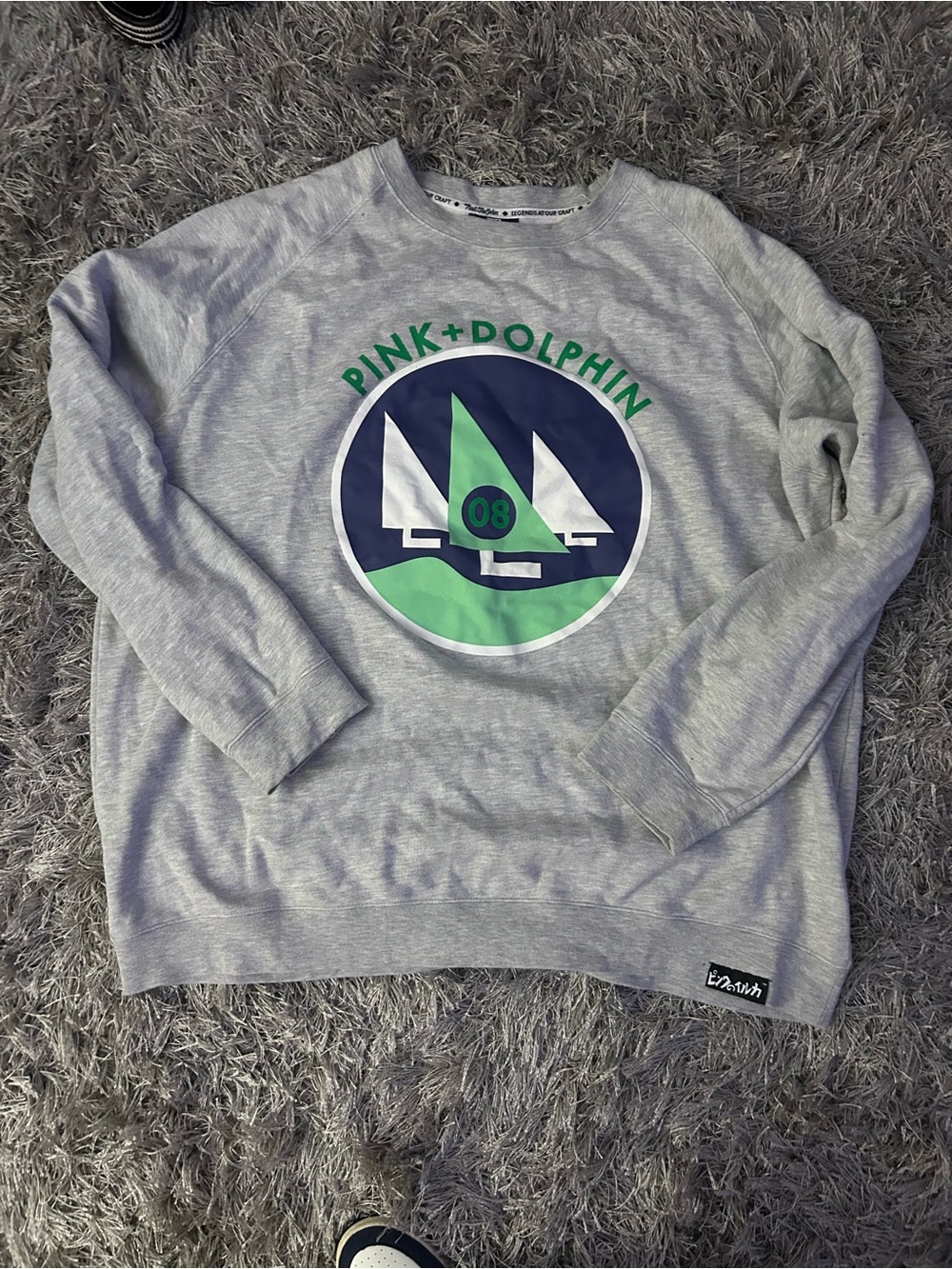 Pink Dolphin Light Gray Crewneck with Green & Navy Sailboat Graphic
